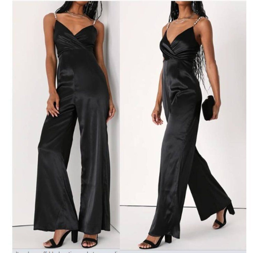 Sultry Women's Satin Pearl Strap Surplice Party Jumpsuit‎ Wide Leg Classic Black